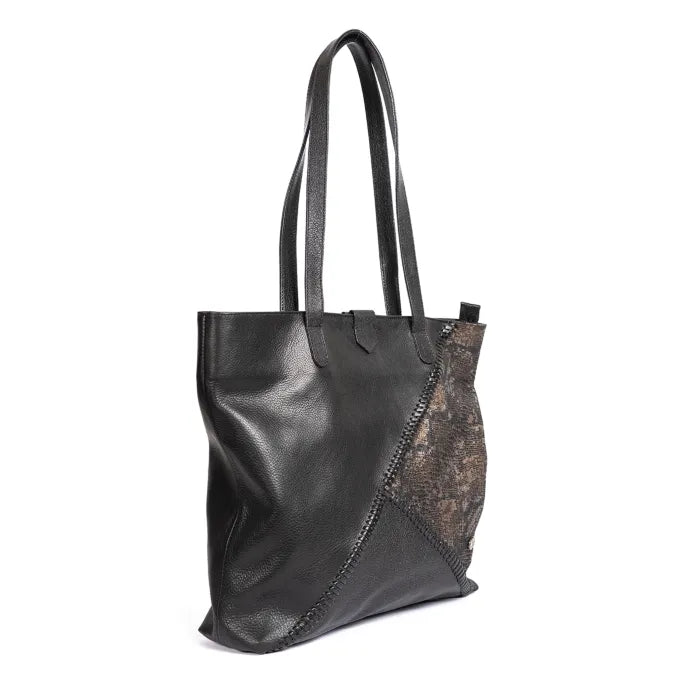 Black leather tote bag with lace detail on a white background