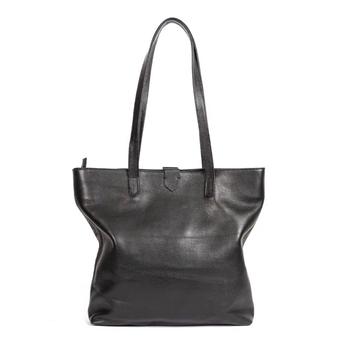 Black leather tote bag on a white background