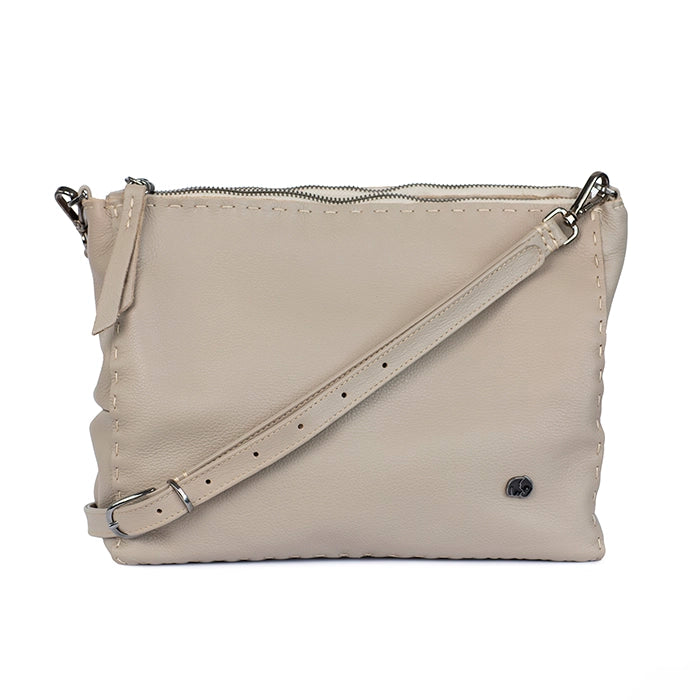 Beige crossbody bag with a strap on a white background
