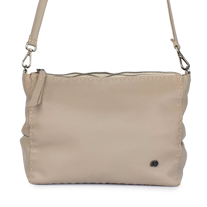 Beige handbag with a visible brand logo on a white background