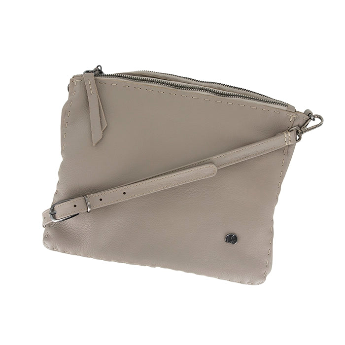 Beige crossbody bag with a strap on a white background