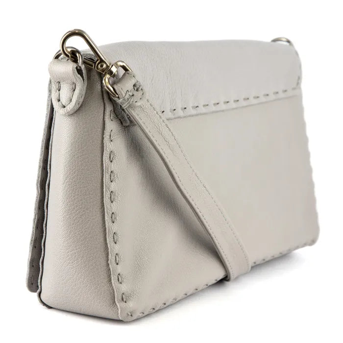 Light grey crossbody bag with a strap on a white background
