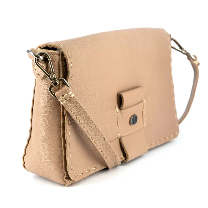 Beige handbag with a strap on a white background
