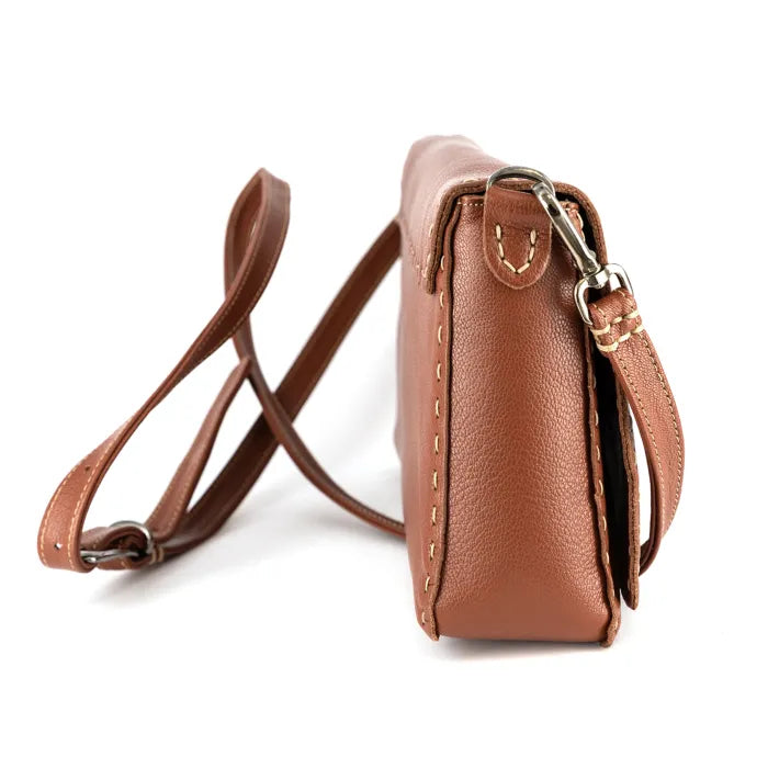 Brown leather crossbody bag on a white background