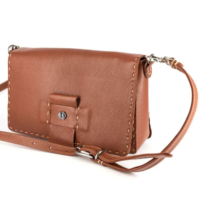 Brown leather crossbody bag on a white background