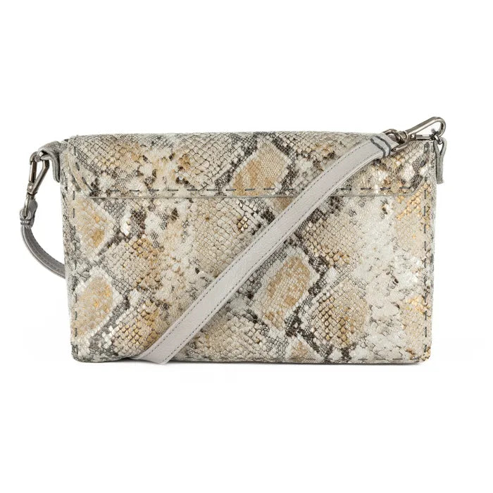 Snake print handbag with a light grey strap on a white background