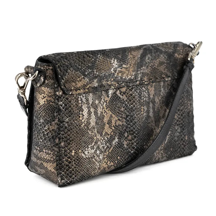 Snake print handbag with a shoulder strap on a white background