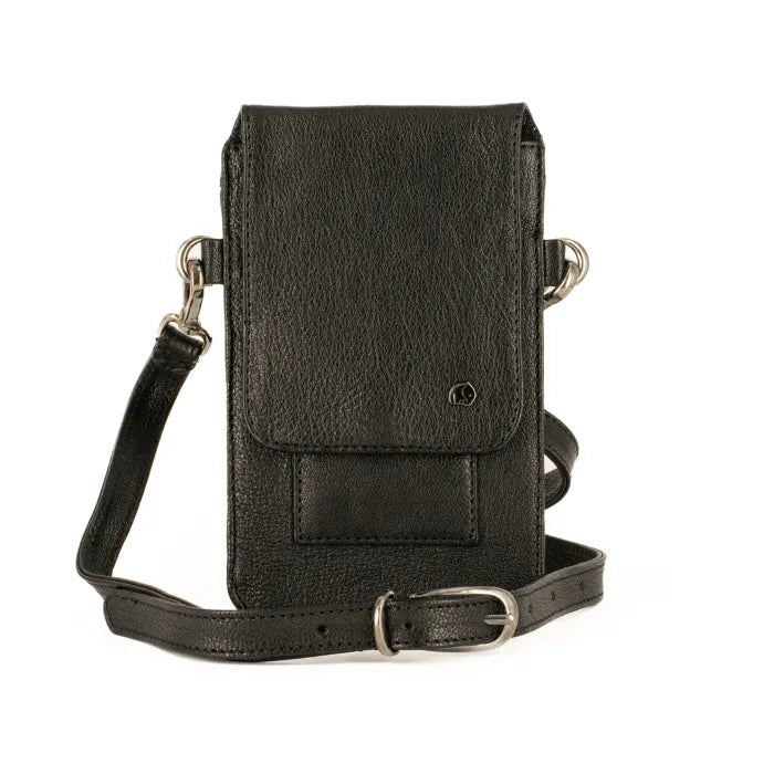 Black leather crossbody bag on a white background