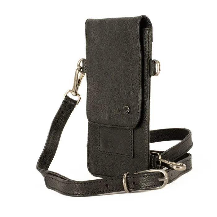 Black leather crossbody bag with strap on a white background