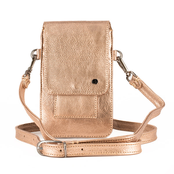 Lupita : Ladies Leather Crossbody Purse in Rose Gold Metallic