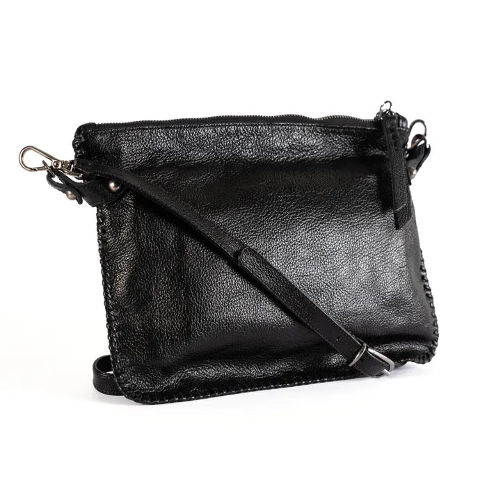 Black leather crossbody bag on a white background