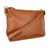 Tan leather handbag with a shoulder strap on a white background