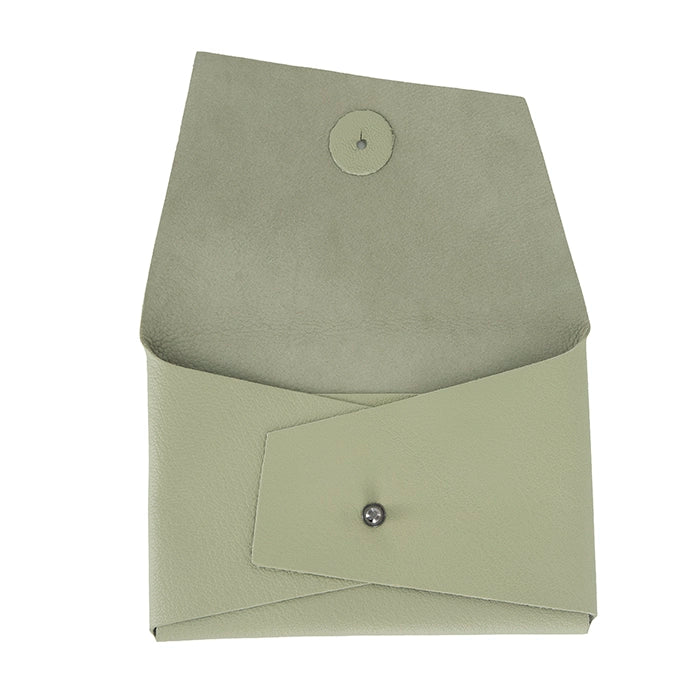 Sage Green leather pouch with button closure on a white background