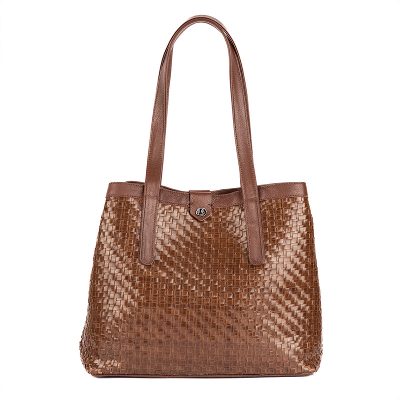 Masingita : Ladies Woven Leather Shopper Handbag in Choc Seneca & Cafe Cayak