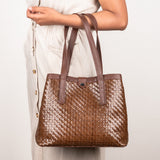 Masingita : Ladies Woven Leather Shopper Handbag in Choc Seneca & Cafe Cayak