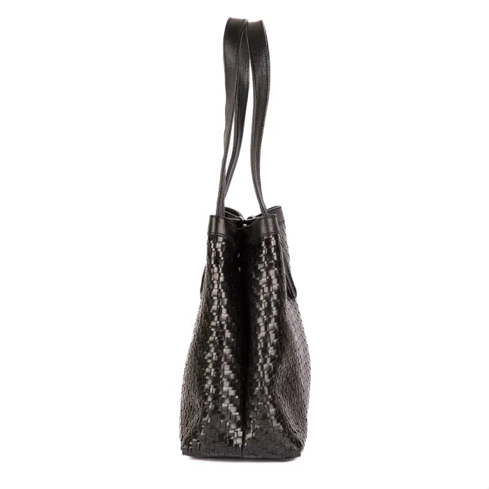 Black textured handbag with a strap on a white background