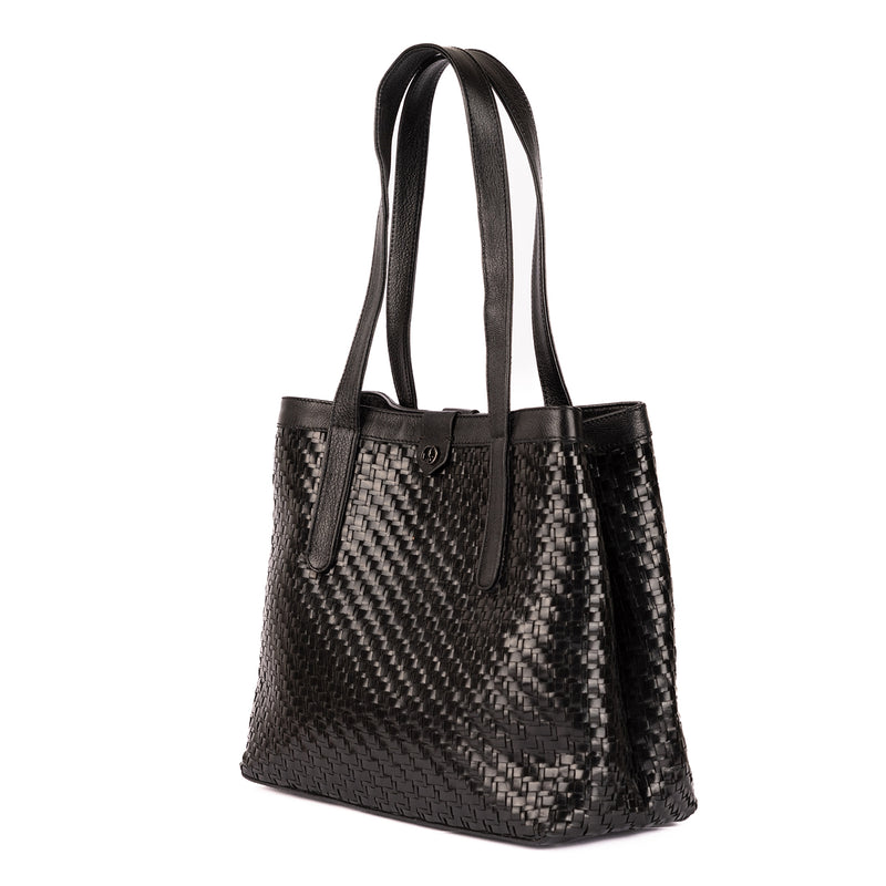 Masingita : Ladies Woven Leather Shopper Handbag in Black Seneca & Cayak