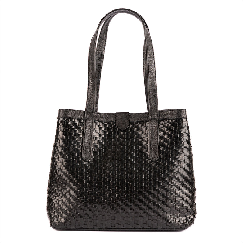 Masingita : Ladies Woven Leather Shopper Handbag in Black Seneca & Cayak