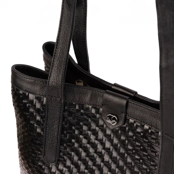Black woven handbag with a visible brand logo on a white background