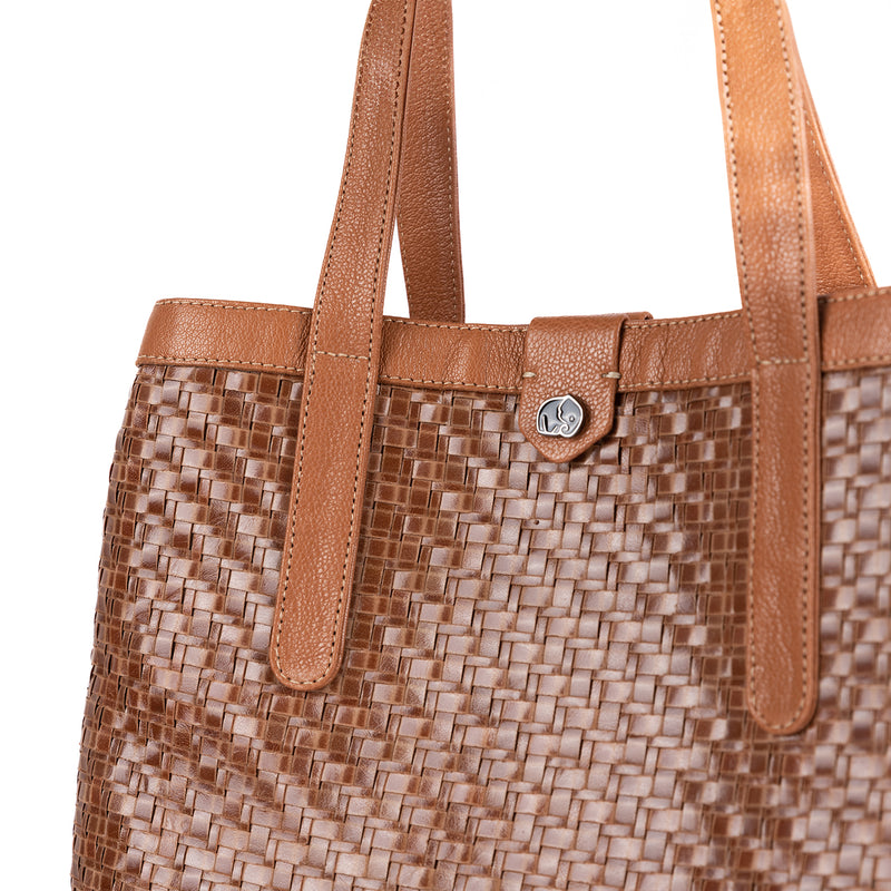 Masingita : Ladies Woven Leather Shopper Handbag in Cognac Seneca & Oak Cayak