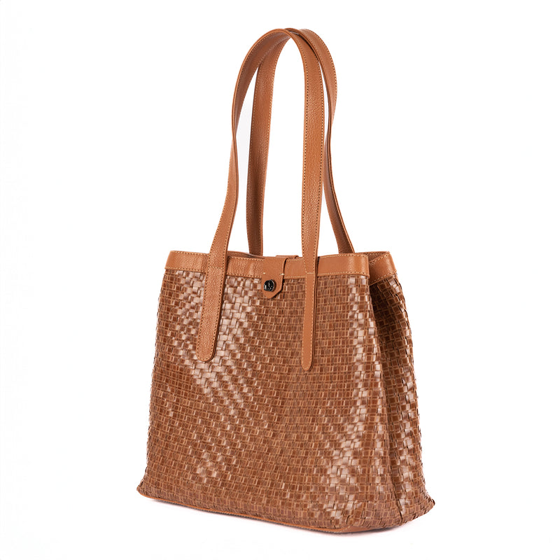 Masingita : Ladies Woven Leather Shopper Handbag in Cognac Seneca & Oak Cayak