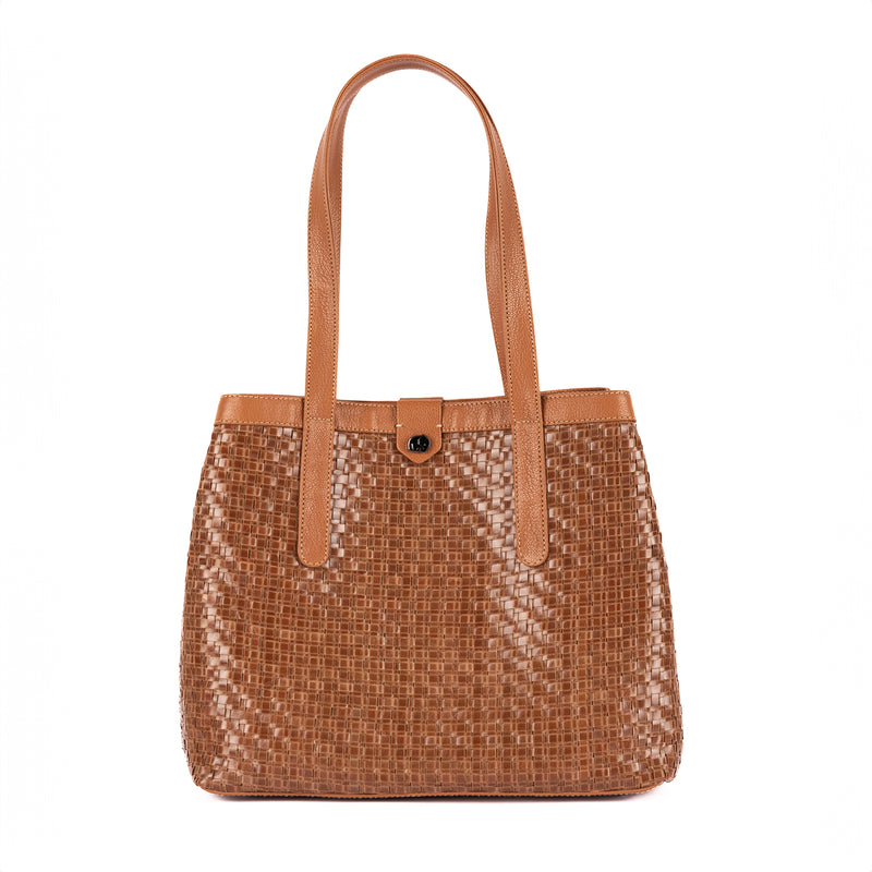 Masingita : Ladies Woven Leather Shopper Handbag in Cognac Seneca & Oak Cayak