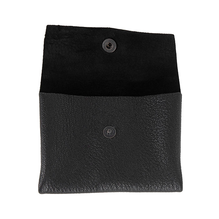 Black leatjer pouch with button closure on a white background