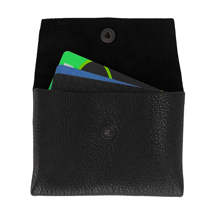Black leather cardholder with cards on a white background