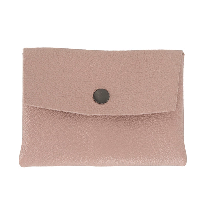 Pink leather pouch with a black button on a white background