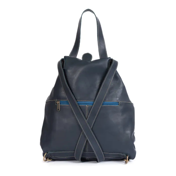 Blue leather backpack with a blue zipper on a white background
