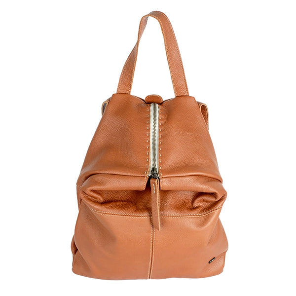Tan leather backpack with a gold zipper on a white background