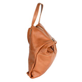 Tan leather handbag on a white background