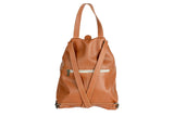 Tan leather backpack on a white background