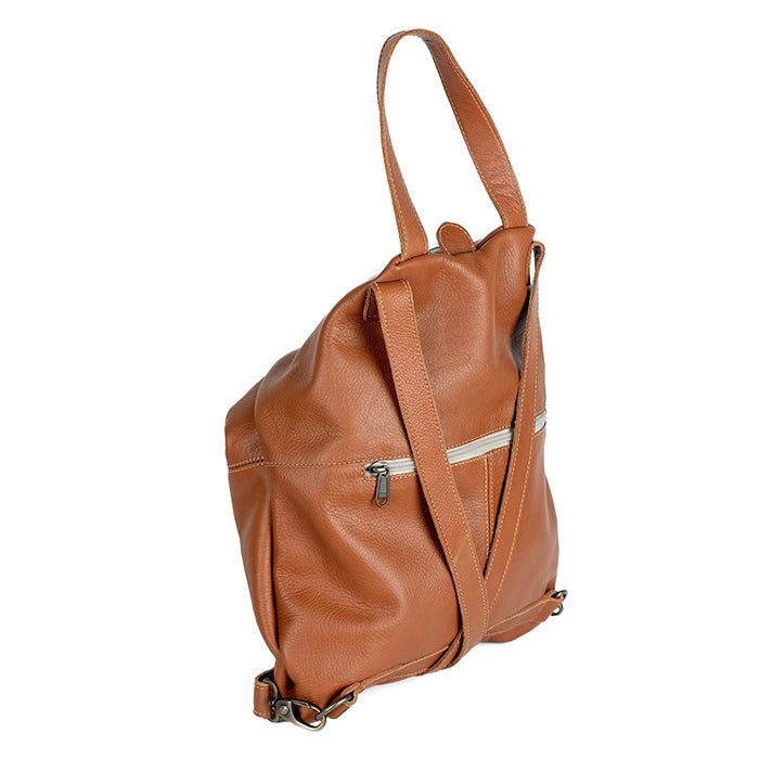 Tan leather backpack on a white background