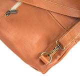 Close-up of a tan leather bag with a gold zipper and clasp on a white background