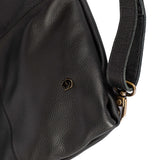 Black leather handbag with a strap and visible brand logo on a white background