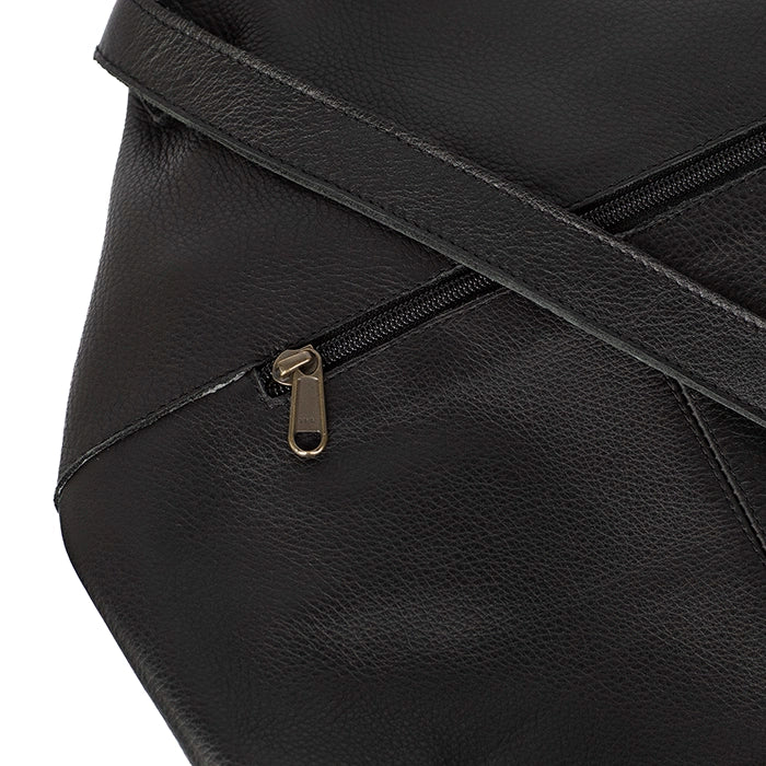 Close-up of a black leather bag with a gold zipper on a white background