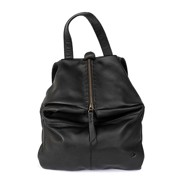 Black leather backpack with a zipper on a white background