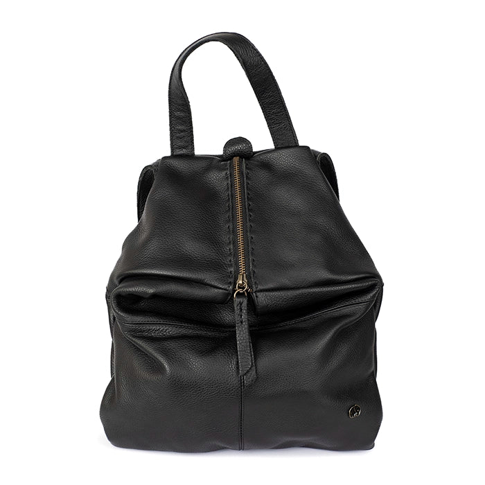 Black leather backpack with a zipper on a white background