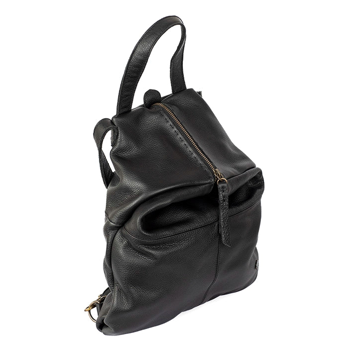 Black leather backpack on a white background