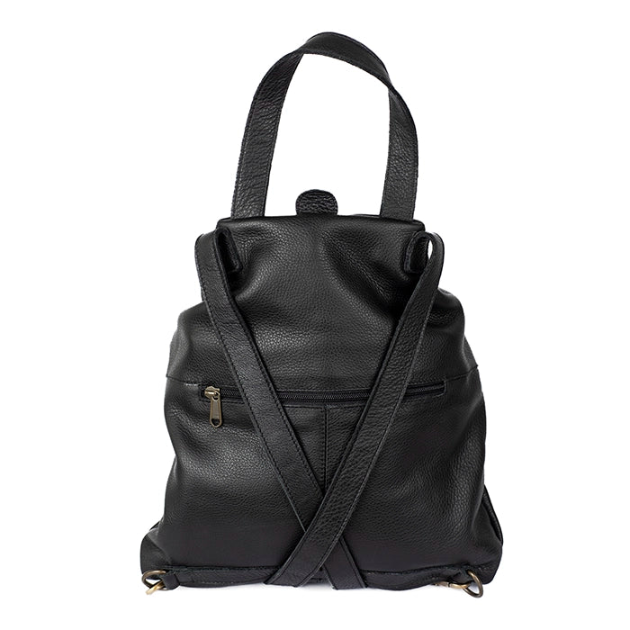 Black leather backpack on a white background