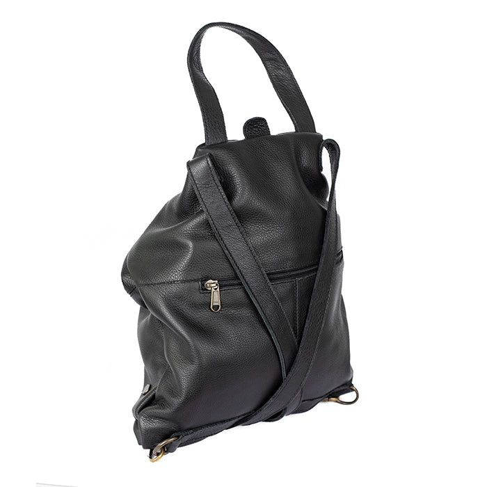 Black leather backpack on a white background