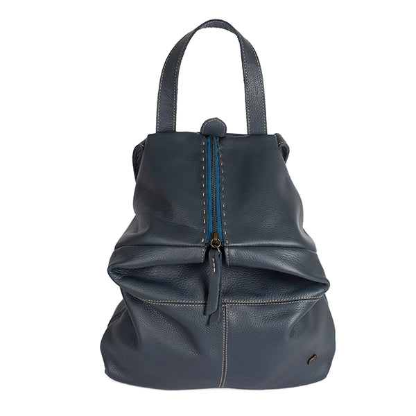Denim leather backpack with a blue zipper on a white background