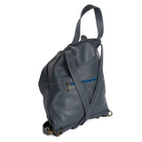 Denim backpack with a strap on a white background