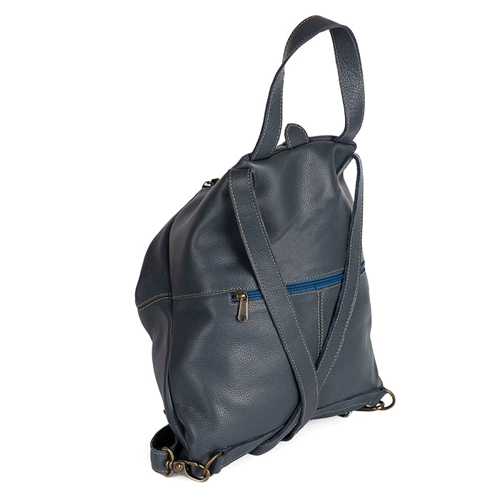 Denim backpack with a strap on a white background