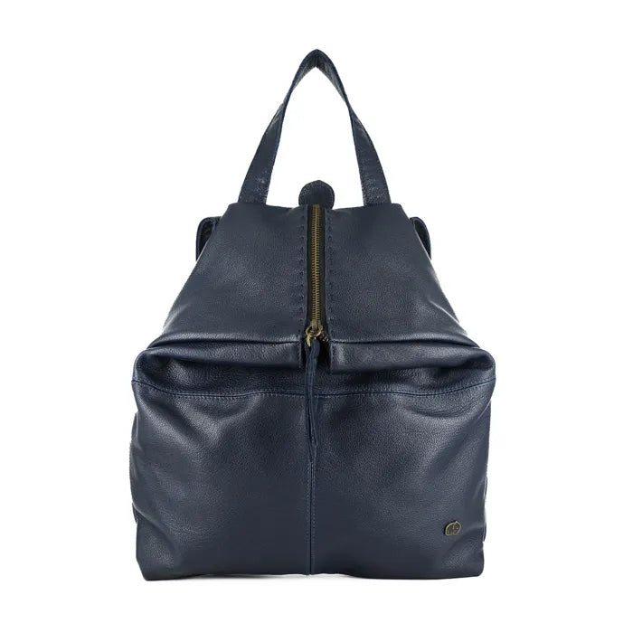 Navy blue leather backpack with a zipper on a white background
