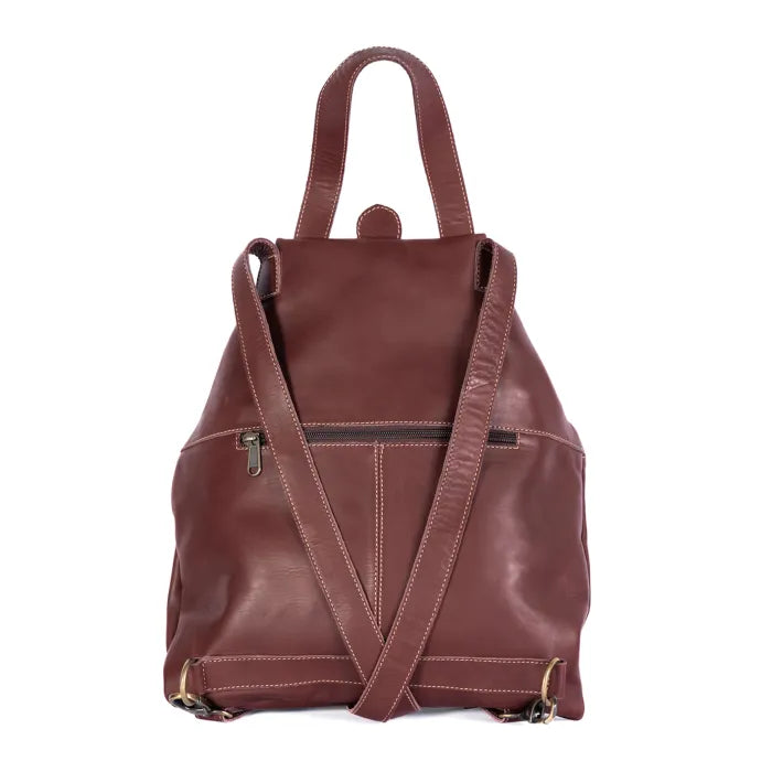 Maroon leather backpack on a white background