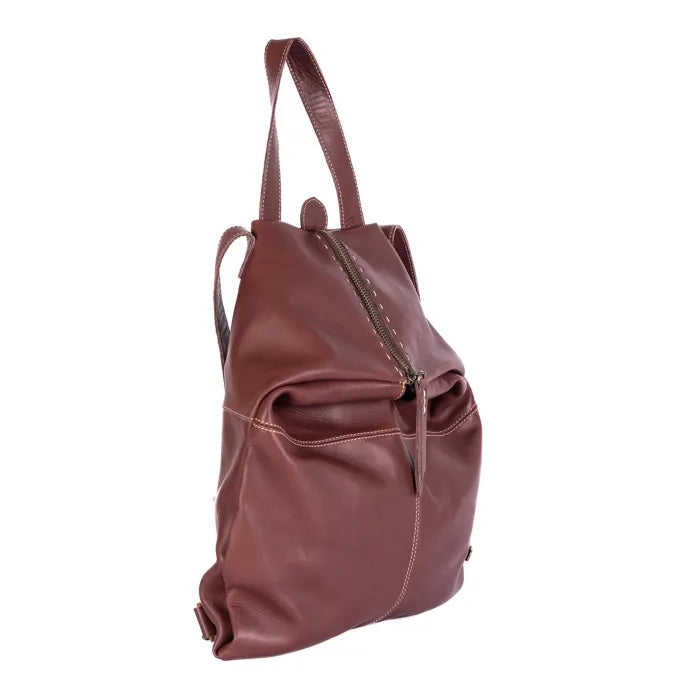 Maroon leather backpack on a white background