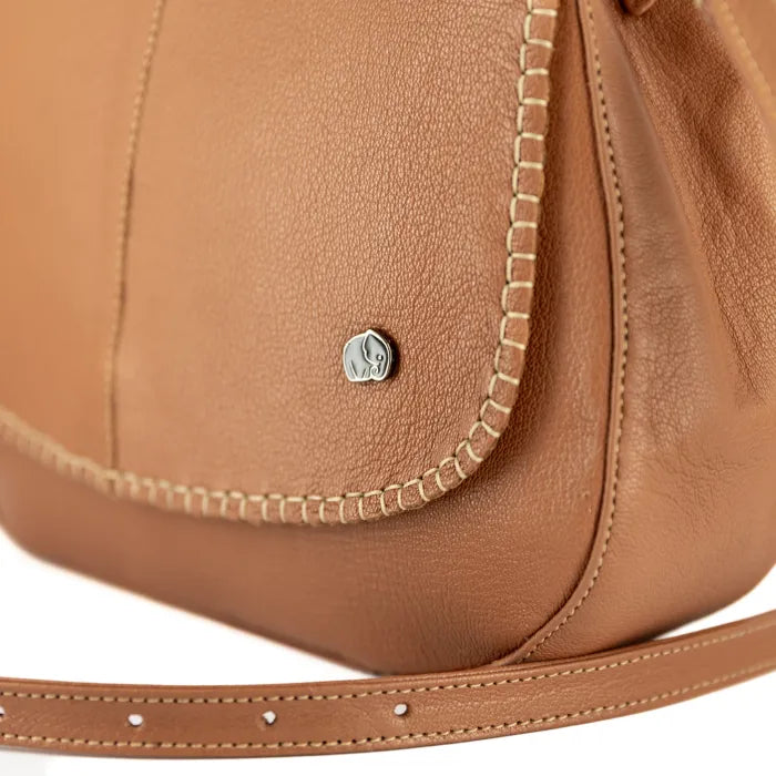 Close-up of a tan leather handbag with visible stitching detail on a white background