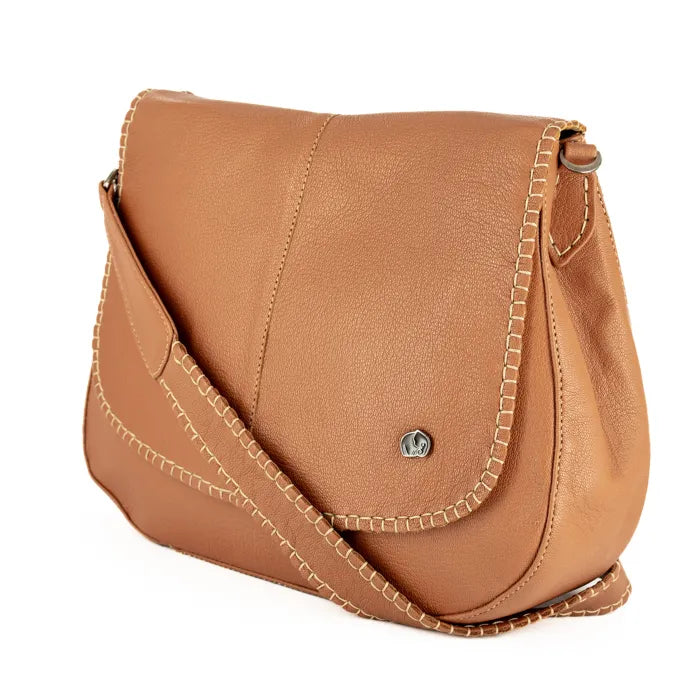 Tan leather handbag with visible stitching on a white background